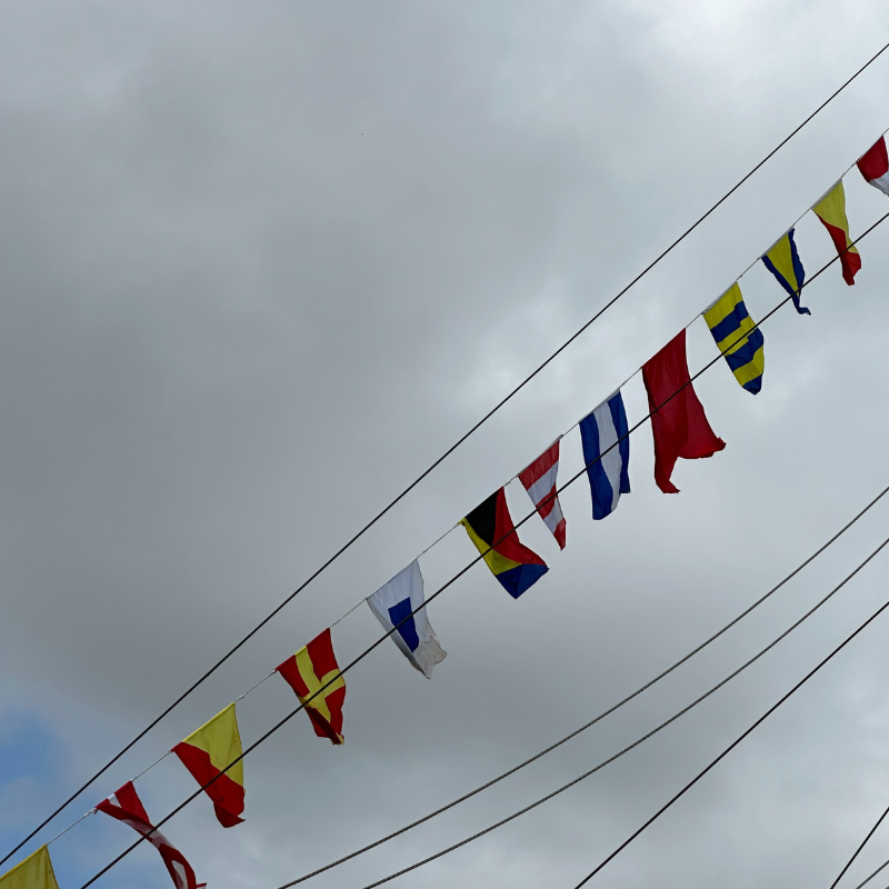 Colorful flags hanging on a wire against a cloudy sky