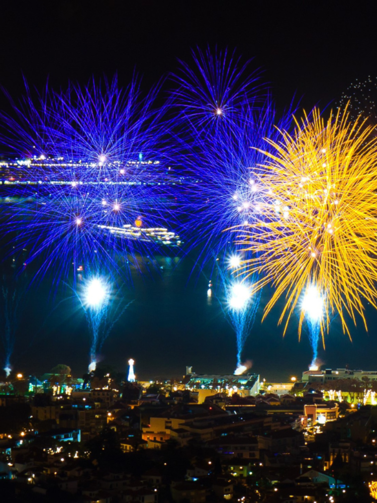 Colorful fireworks over a cityscape at night
